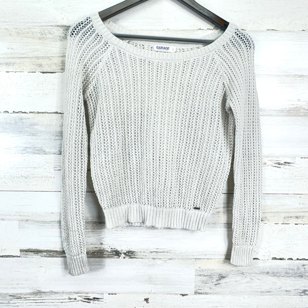 Garage Silver Gray Metallic Knit Sweater Womens Small S Long Sleeve Open Weave
